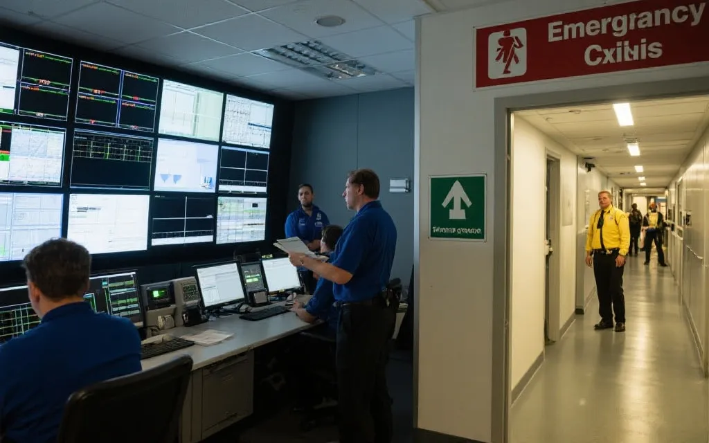 应急演练现场：指挥中心屏幕与场馆疏散引导标识的组合画面